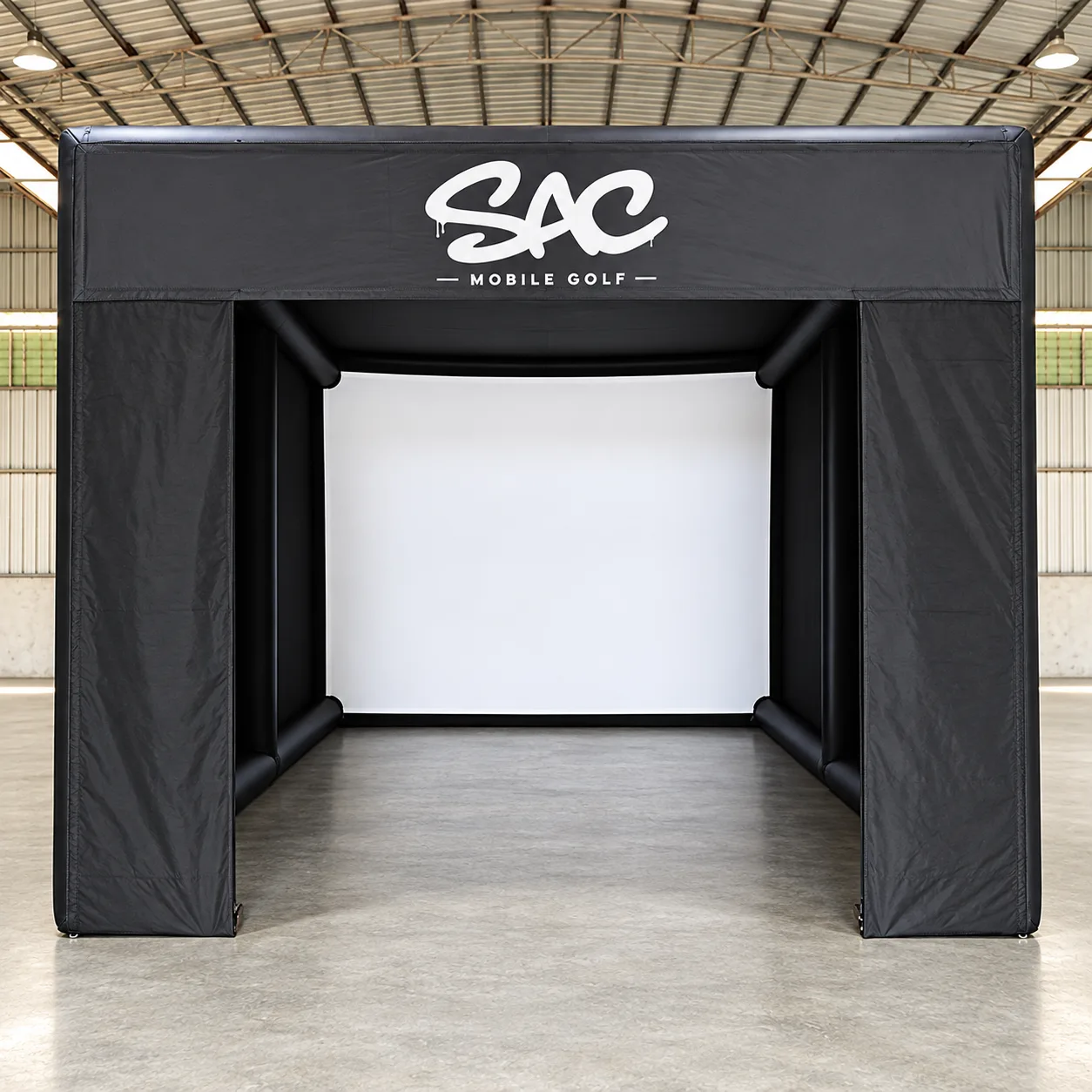 Front view of the Sac Mobile Golf simulator enclosure